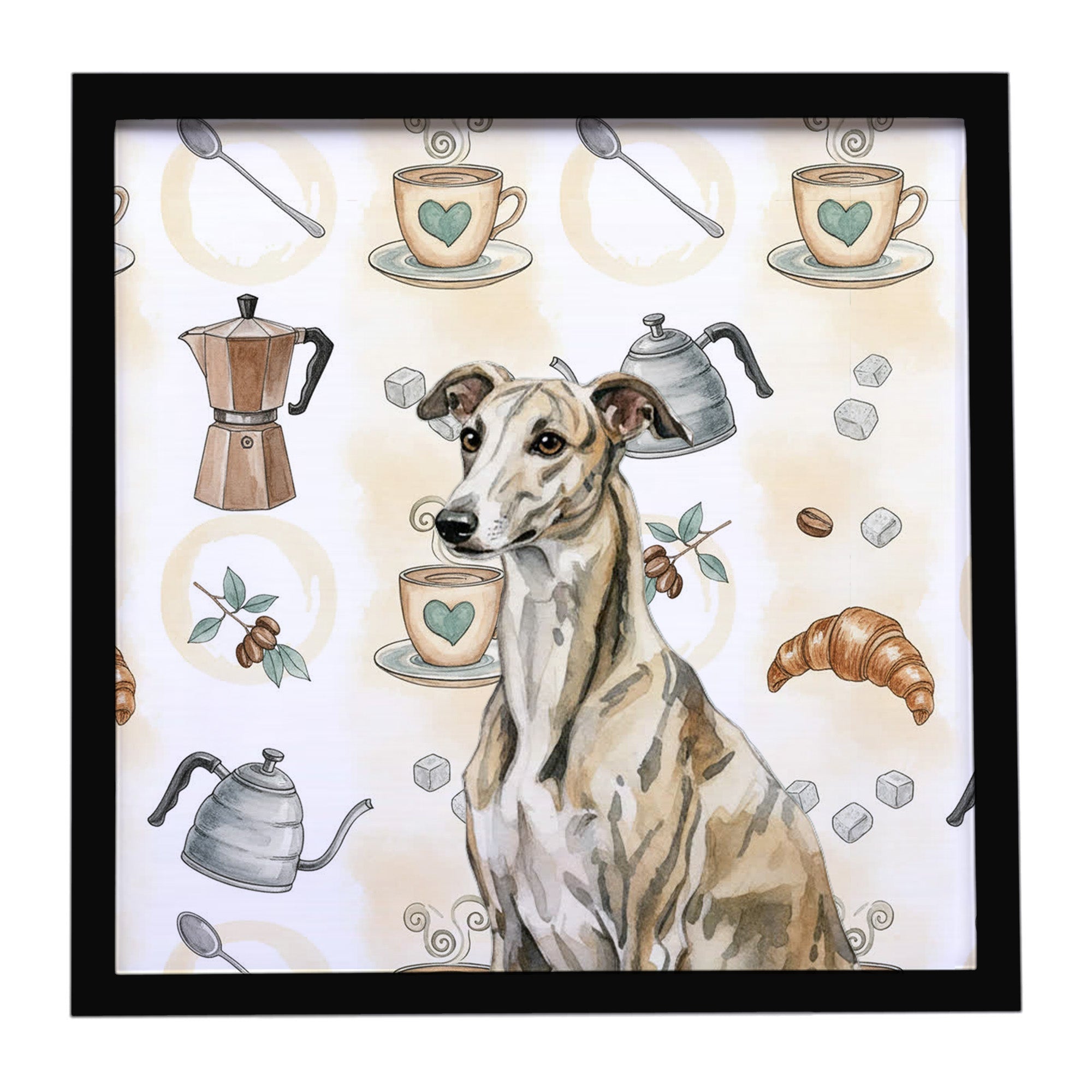Brindle Whippet Coffee Bar Framed Metal Print Bathroom, Kitchen, Office, Home Decor Wall Art Ready to Hang, Square, 8X8