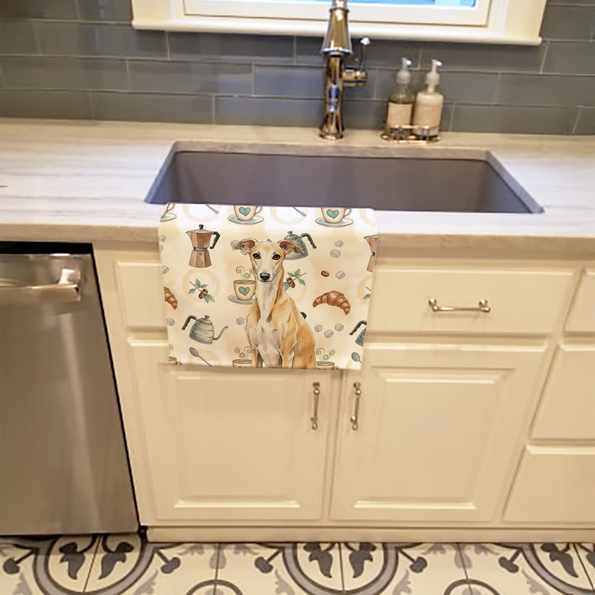 Fawn Whippet Coffee Bar Kitchen Towel Velour Plush Front and Cotton Loop Back Machine Washable