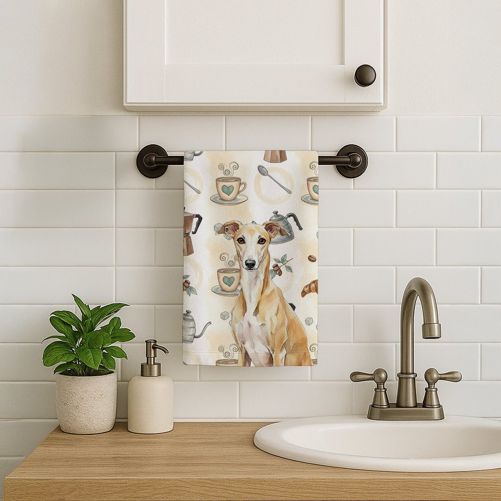 Fawn Whippet Coffee Bar Kitchen Towel Velour Plush Front and Cotton Loop Back Machine Washable