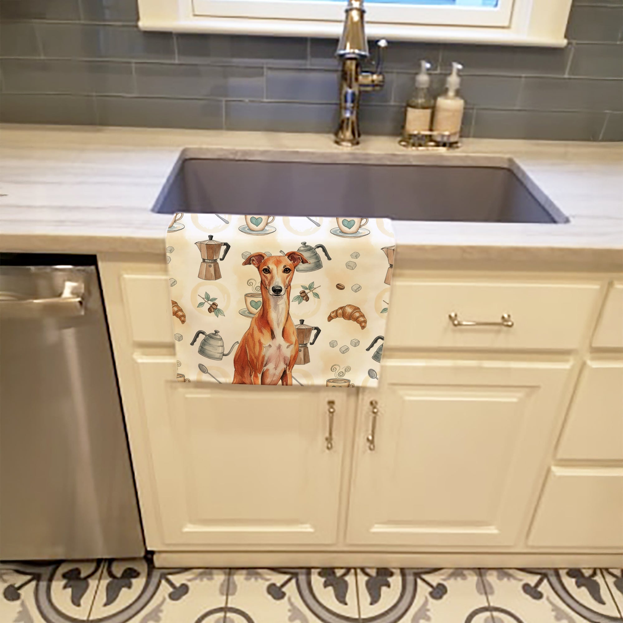 Red Whippet Coffee Bar Kitchen Towel Velour Plush Front and Cotton Loop Back Machine Washable
