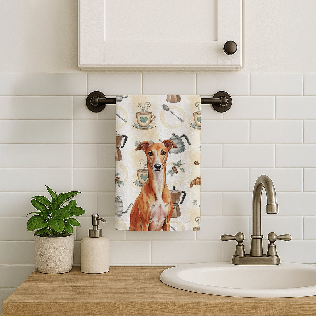 Red Whippet Coffee Bar Kitchen Towel Velour Plush Front and Cotton Loop Back Machine Washable