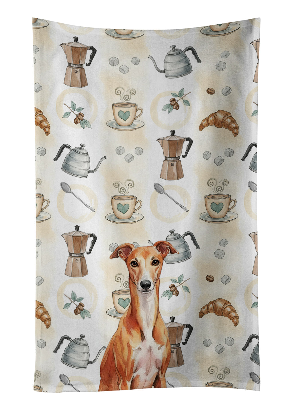 Red Whippet Coffee Bar Kitchen Towel Velour Plush Front and Cotton Loop Back Machine Washable