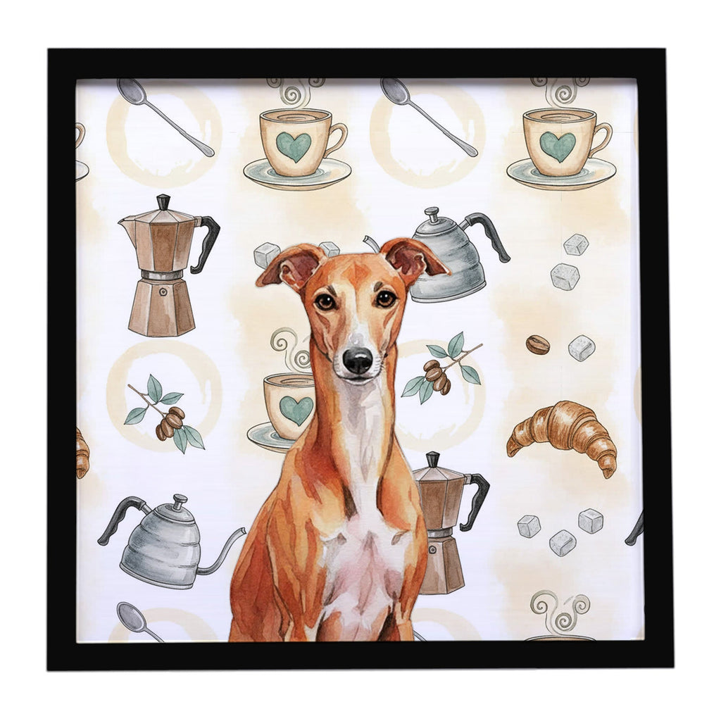 Red Whippet Coffee Bar Framed Metal Print Bathroom, Kitchen, Office, Home Decor Wall Art Ready to Hang, Square, 8X8