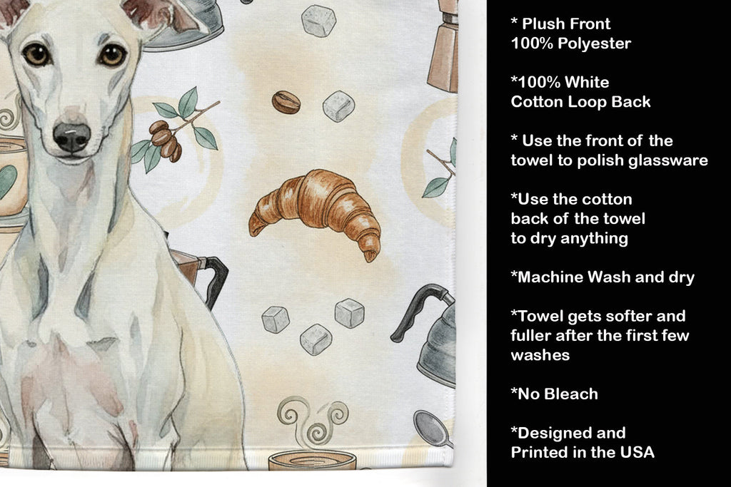 White Whippet Coffee Bar Kitchen Towel Velour Plush Front and Cotton Loop Back Machine Washable