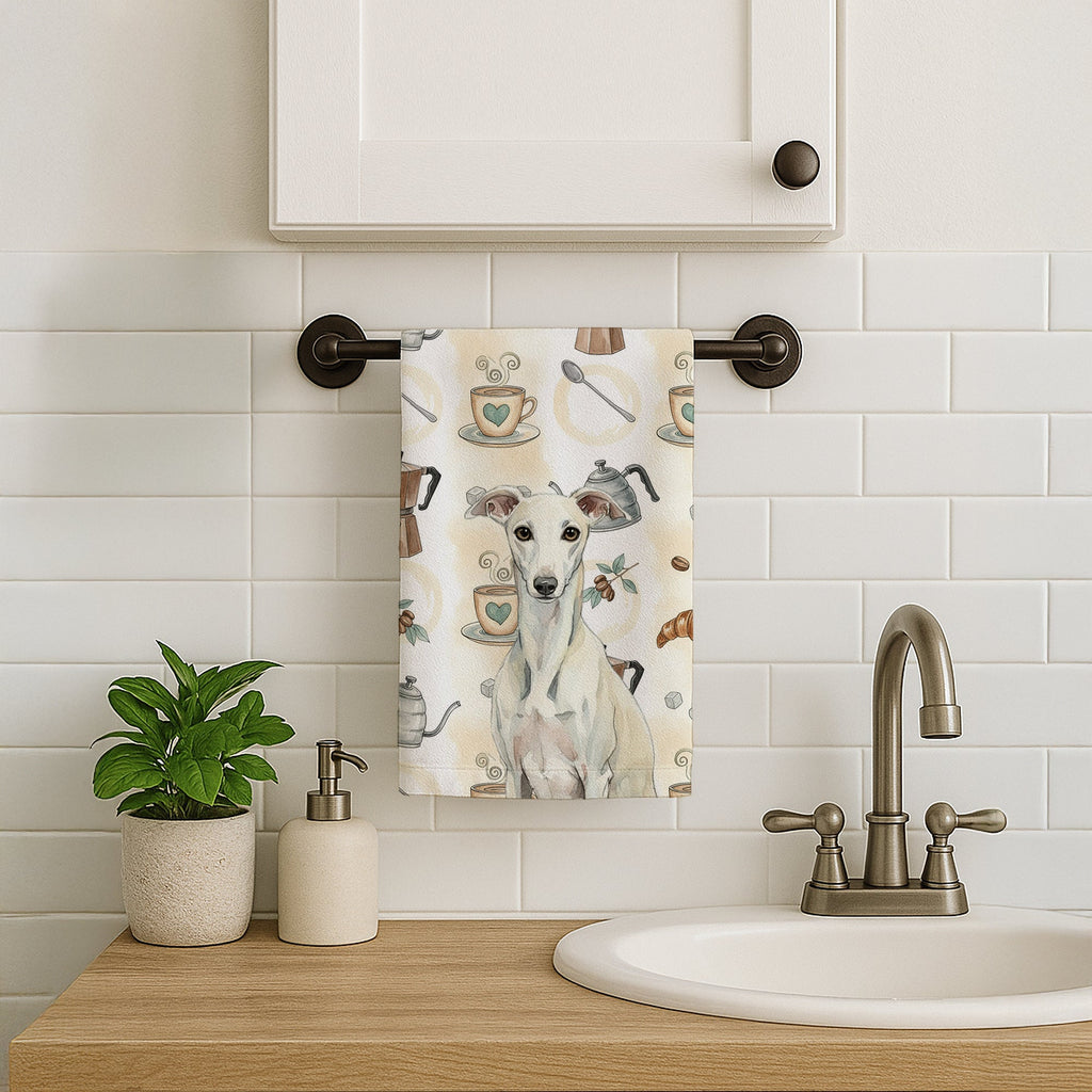 White Whippet Coffee Bar Kitchen Towel Velour Plush Front and Cotton Loop Back Machine Washable