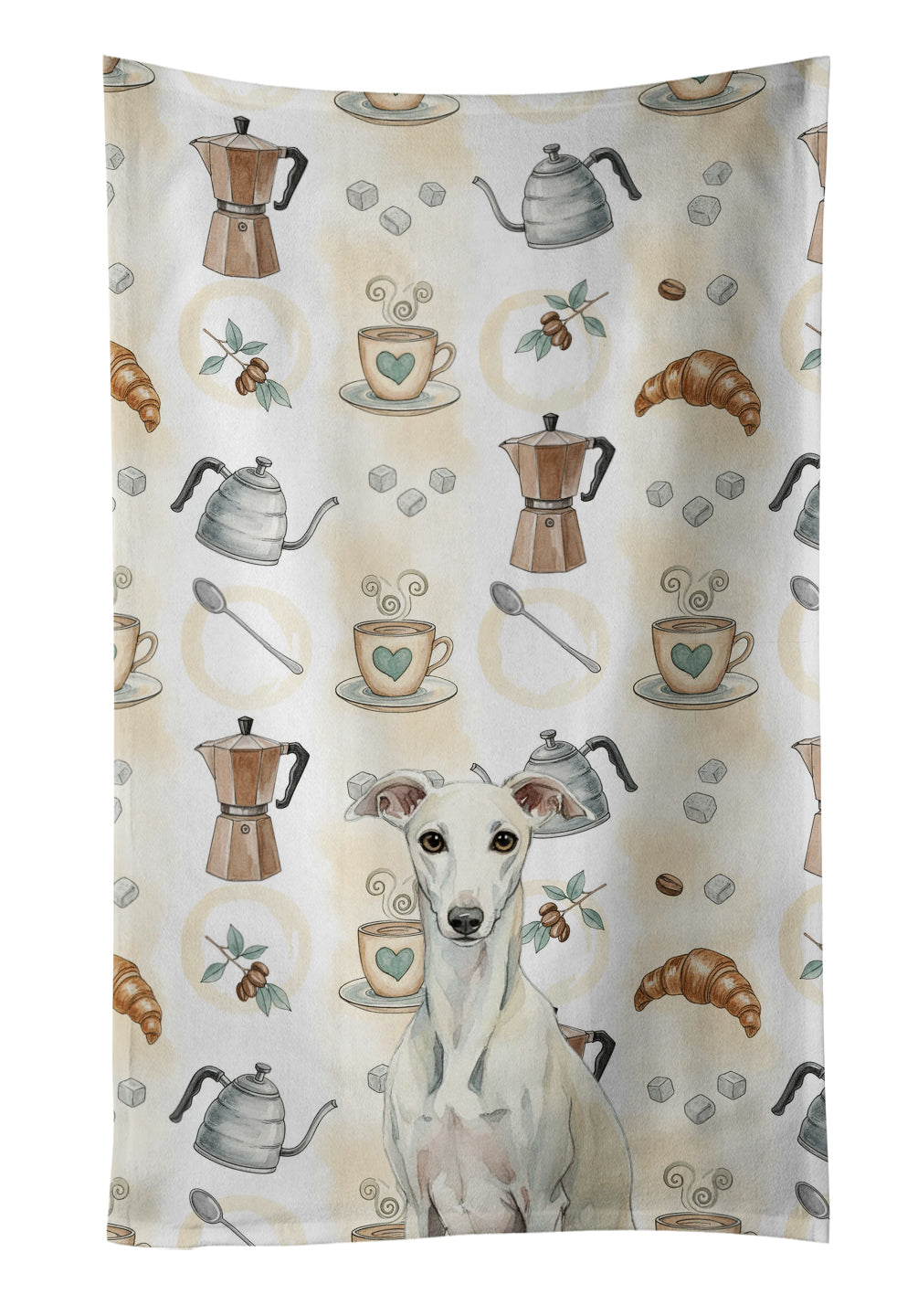 White Whippet Coffee Bar Kitchen Towel Velour Plush Front and Cotton Loop Back Machine Washable