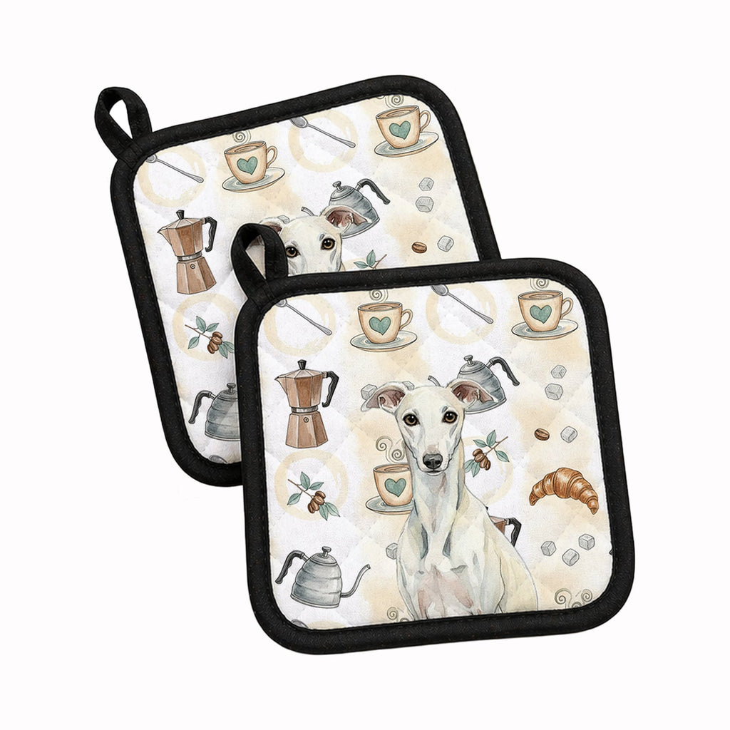 White Whippet Coffee Bar Pot Holder Set of 2 Heat Resistant Quilted Hot Pads 7.5 x 7.5 Inch, Insulated Kitchen Trivets for Cooking & Baking