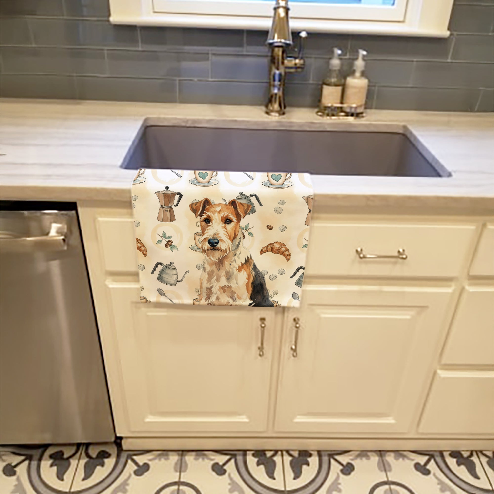 Wire Fox Terrier Coffee Bar Kitchen Towel Velour Plush Front and Cotton Loop Back Machine Washable