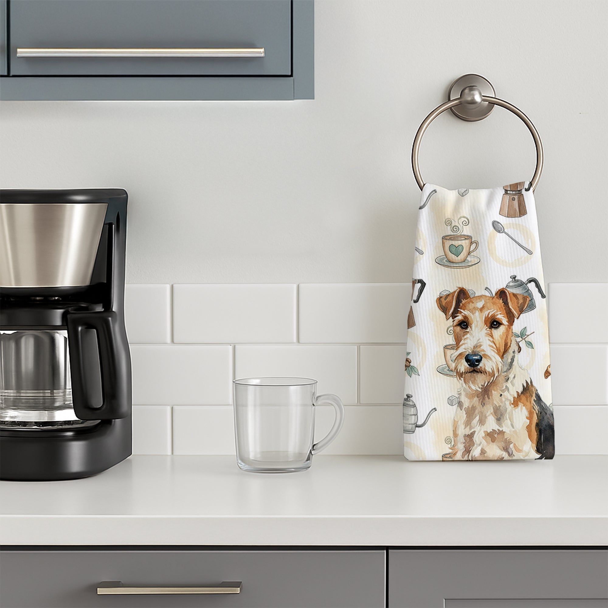 Wire Fox Terrier Coffee Bar Kitchen Towel Velour Plush Front and Cotton Loop Back Machine Washable