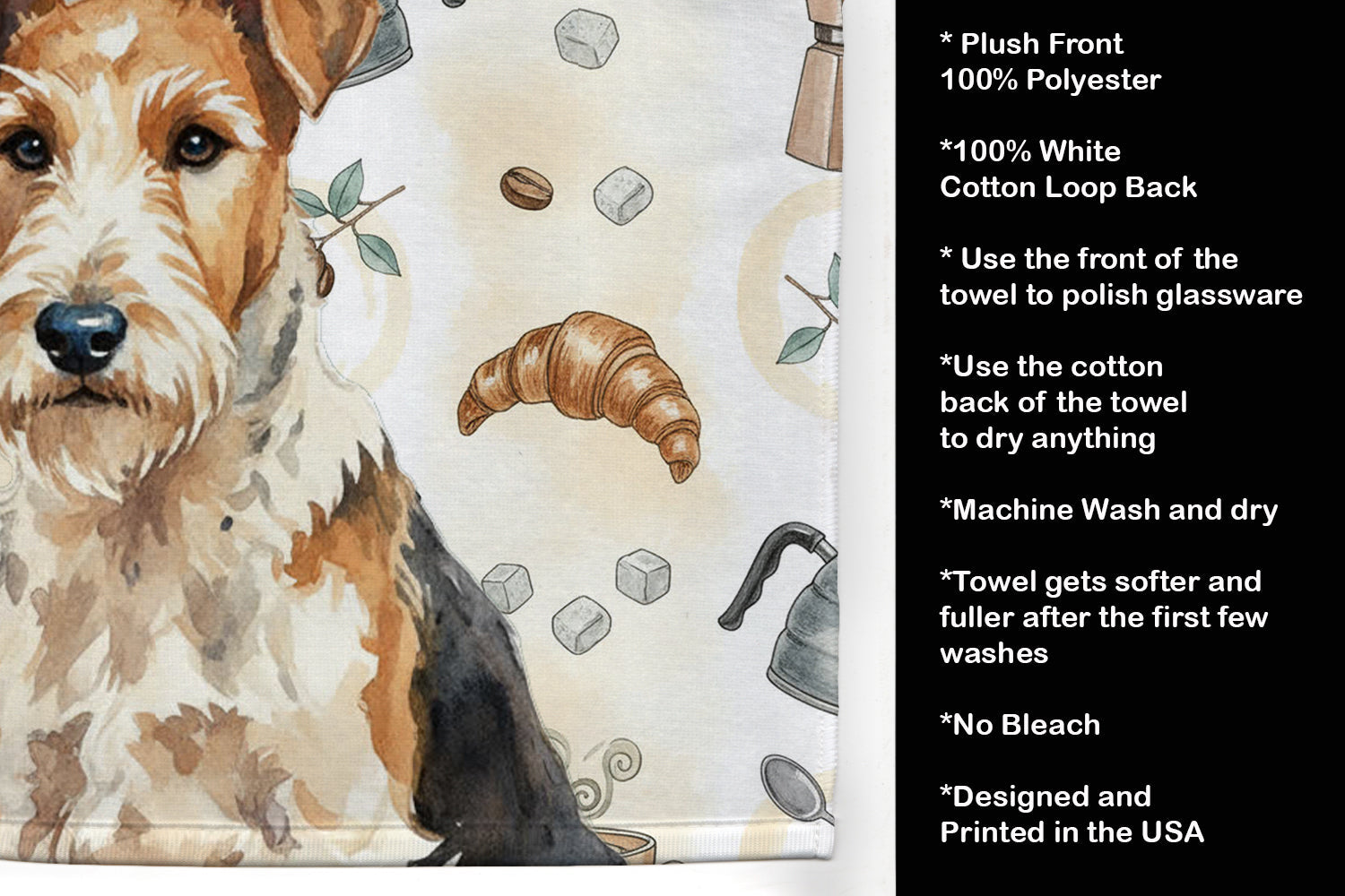 Wire Fox Terrier Coffee Bar Kitchen Towel Velour Plush Front and Cotton Loop Back Machine Washable