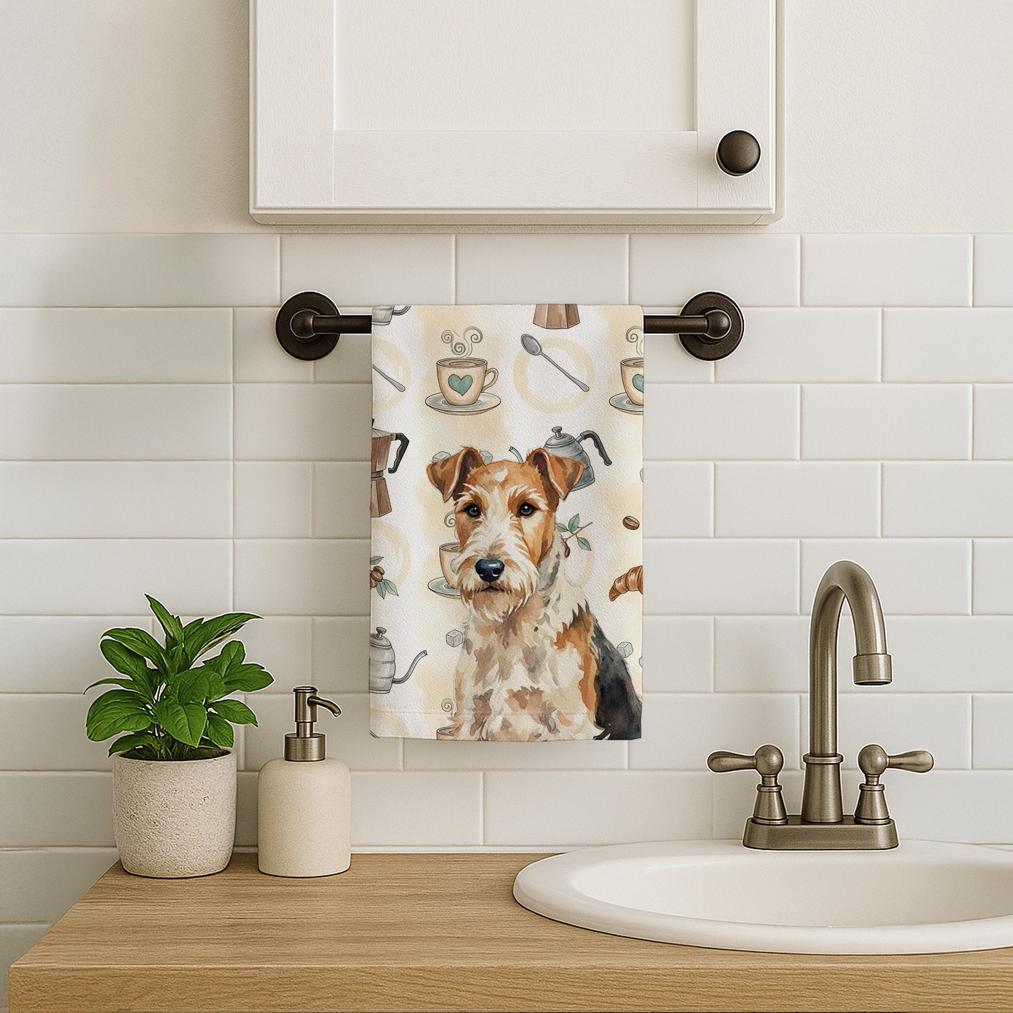 Wire Fox Terrier Coffee Bar Kitchen Towel Velour Plush Front and Cotton Loop Back Machine Washable