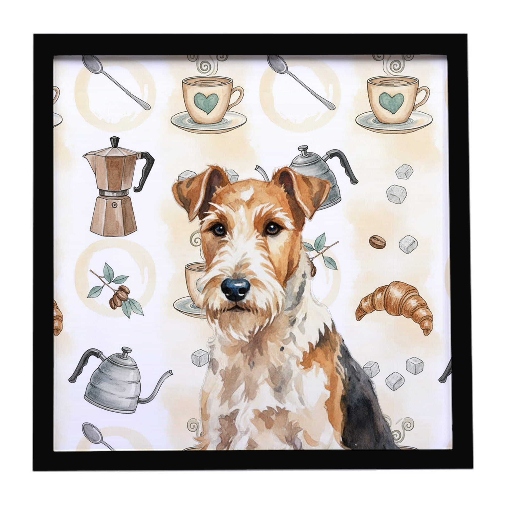 Wire Fox Terrier Coffee Bar Framed Metal Print Bathroom, Kitchen, Office, Home Decor Wall Art Ready to Hang, Square, 8X8