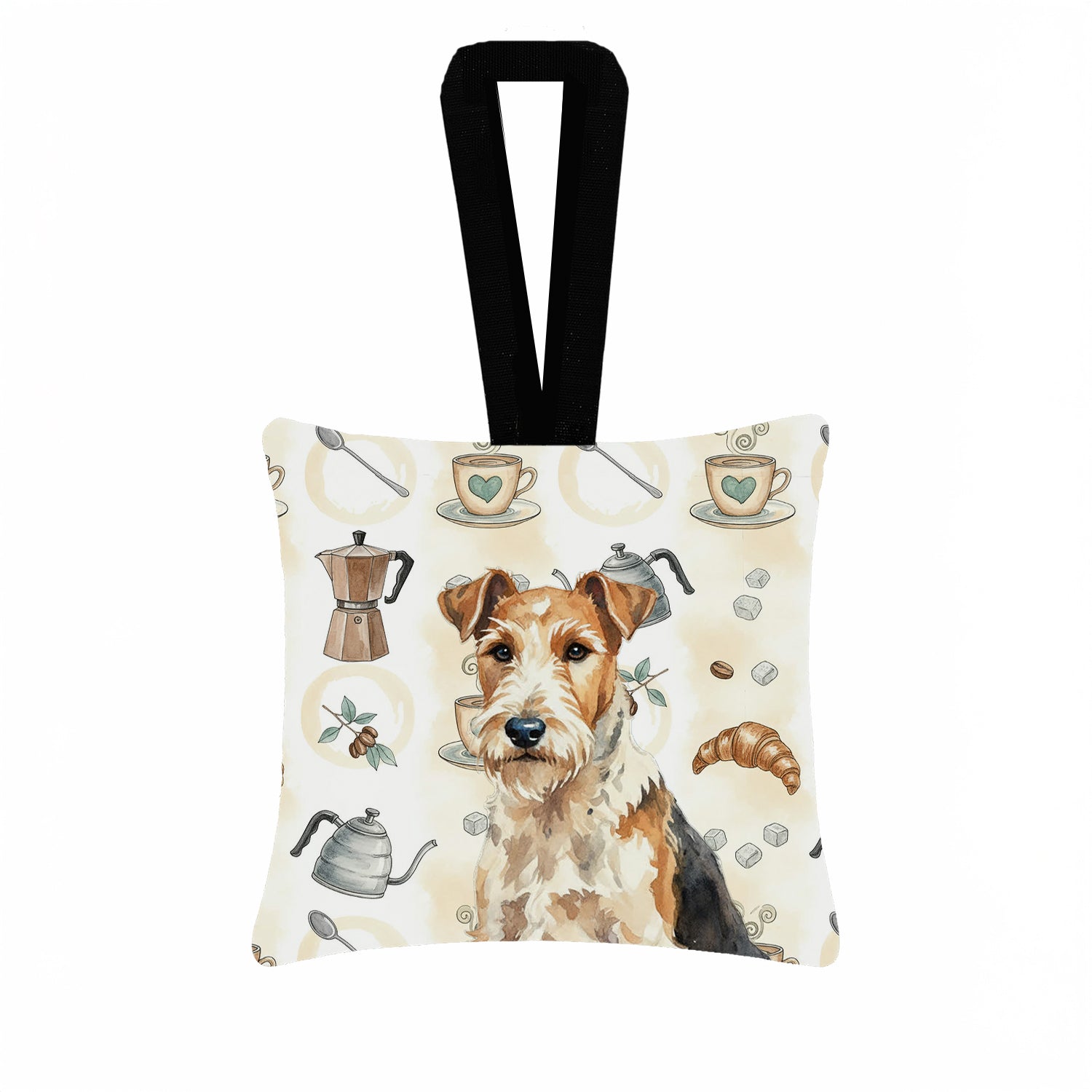 Wire Fox Terrier Coffee Bar Hanging Square Fabric Ornament 3.5 � 3.5 Decorative Door-Knob & Tree Hanger, Soft Fabric