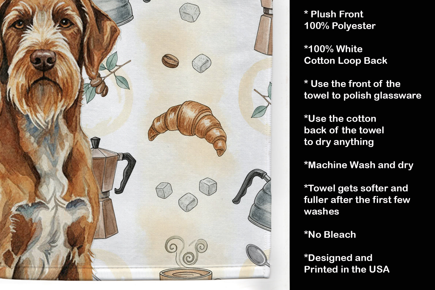 Wirehaired Pointing Griffon Coffee Bar Kitchen Towel Velour Plush Front and Cotton Loop Back Machine Washable