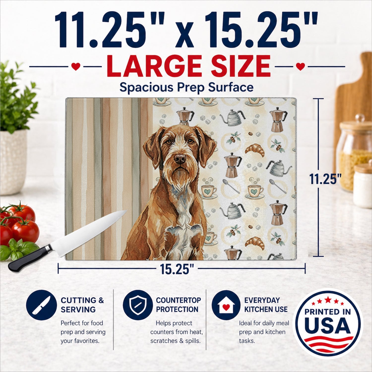 Wirehaired Pointing Griffon Coffee Bar Cutting Board Tempered Glass Kitchen Cutting Surface, Heat Resistant Chopping, Non-Slip Feet, Food Prep & Serving