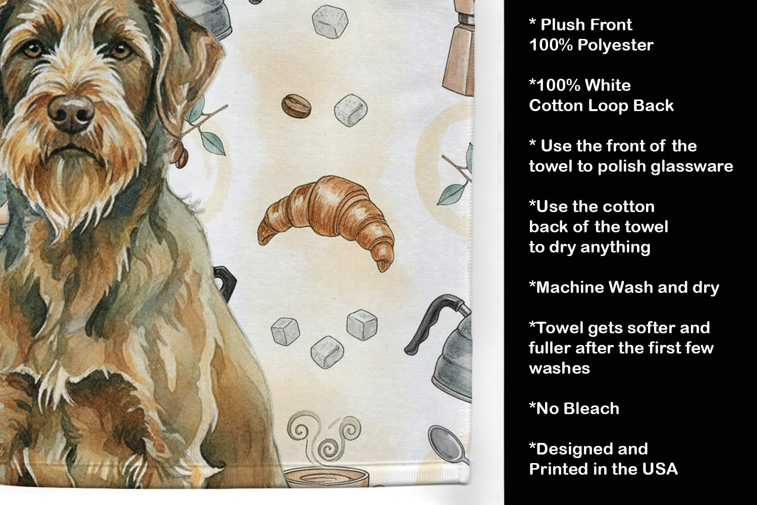 Chestnut Wirehaired Pointing Griffon Coffee Bar Kitchen Towel Velour Plush Front and Cotton Loop Back Machine Washable