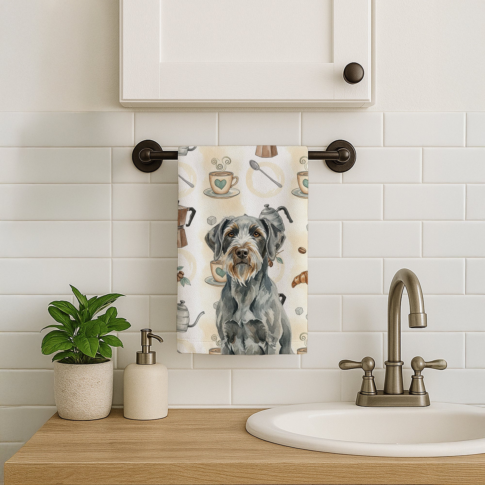 Steel Gray Wirehaired Pointing Griffon Coffee Bar Kitchen Towel Velour Plush Front and Cotton Loop Back Machine Washable