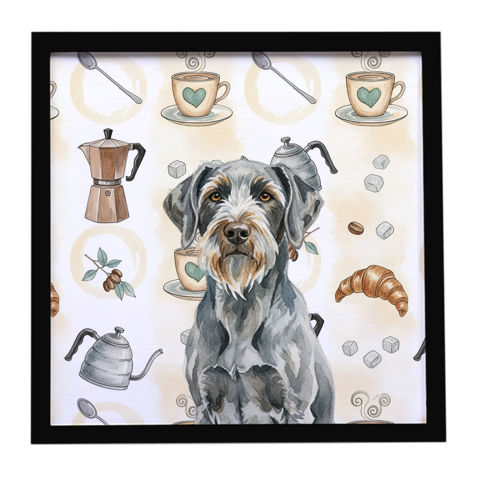 Steel Gray Wirehaired Pointing Griffon Coffee Bar Framed Metal Print Bathroom, Kitchen, Office, Home Decor Wall Art Ready to Hang, Square, 8X8