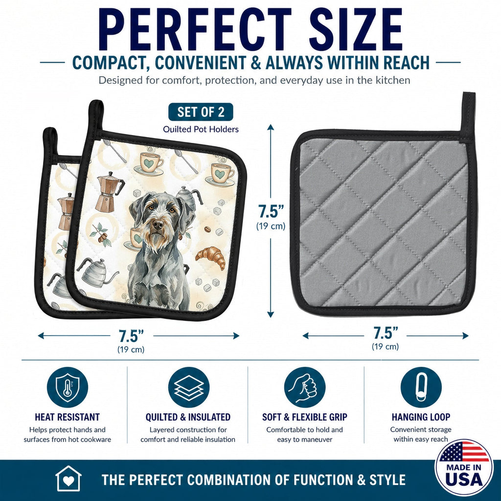 Steel Gray Wirehaired Pointing Griffon Coffee Bar Pot Holder Set of 2 Heat Resistant Quilted Hot Pads 7.5 x 7.5 Inch, Insulated Kitchen Trivets for Cooking & Baking