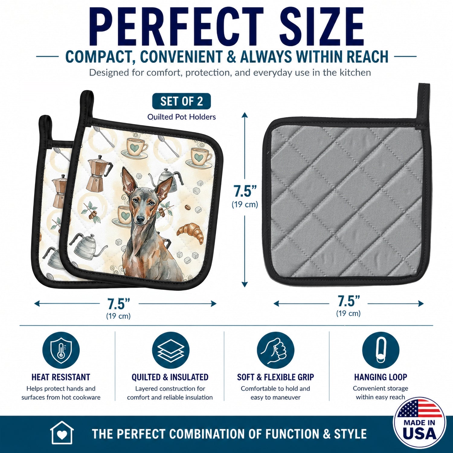 Xoloitzcuintli Coffee Bar Pot Holder Set of 2 Heat Resistant Quilted Hot Pads 7.5 x 7.5 Inch, Insulated Kitchen Trivets for Cooking & Baking