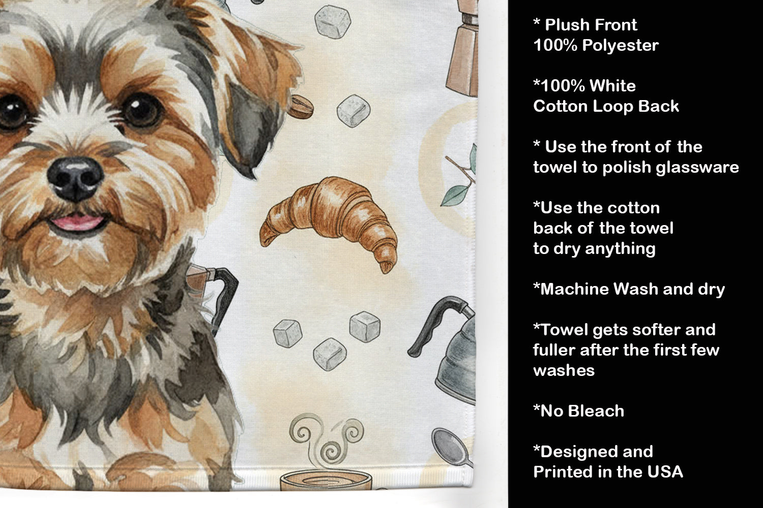 Yorkiepoo Coffee Bar Kitchen Towel Velour Plush Front and Cotton Loop Back Machine Washable