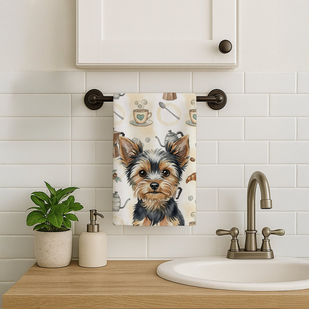 Black and Tan Yorkshire Terrier Coffee Bar Kitchen Towel Velour Plush Front and Cotton Loop Back Machine Washable
