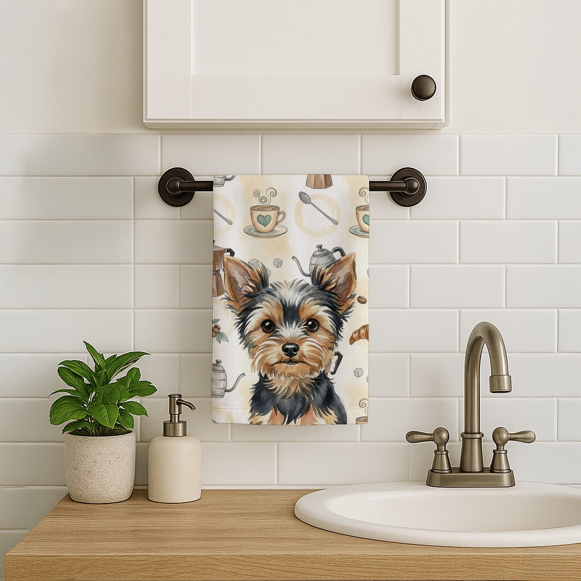 Black and Tan Yorkshire Terrier Coffee Bar Kitchen Towel Velour Plush Front and Cotton Loop Back Machine Washable