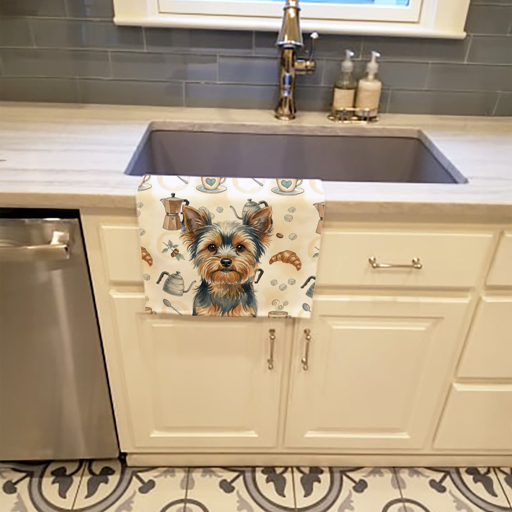 Blue and Tan Yorkshire Terrier Coffee Bar Kitchen Towel Velour Plush Front and Cotton Loop Back Machine Washable