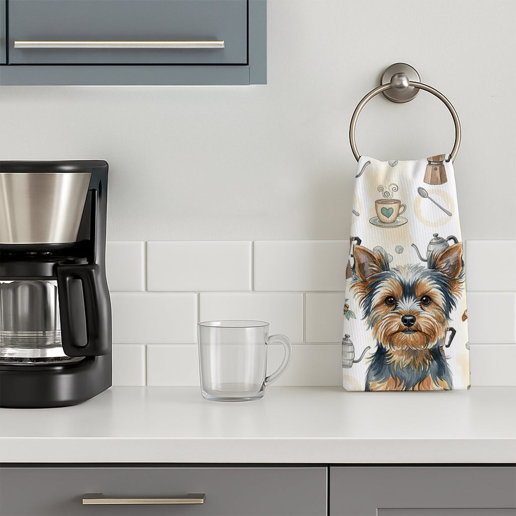 Blue and Tan Yorkshire Terrier Coffee Bar Kitchen Towel Velour Plush Front and Cotton Loop Back Machine Washable