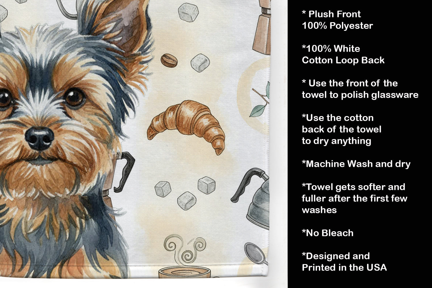 Blue and Tan Yorkshire Terrier Coffee Bar Kitchen Towel Velour Plush Front and Cotton Loop Back Machine Washable