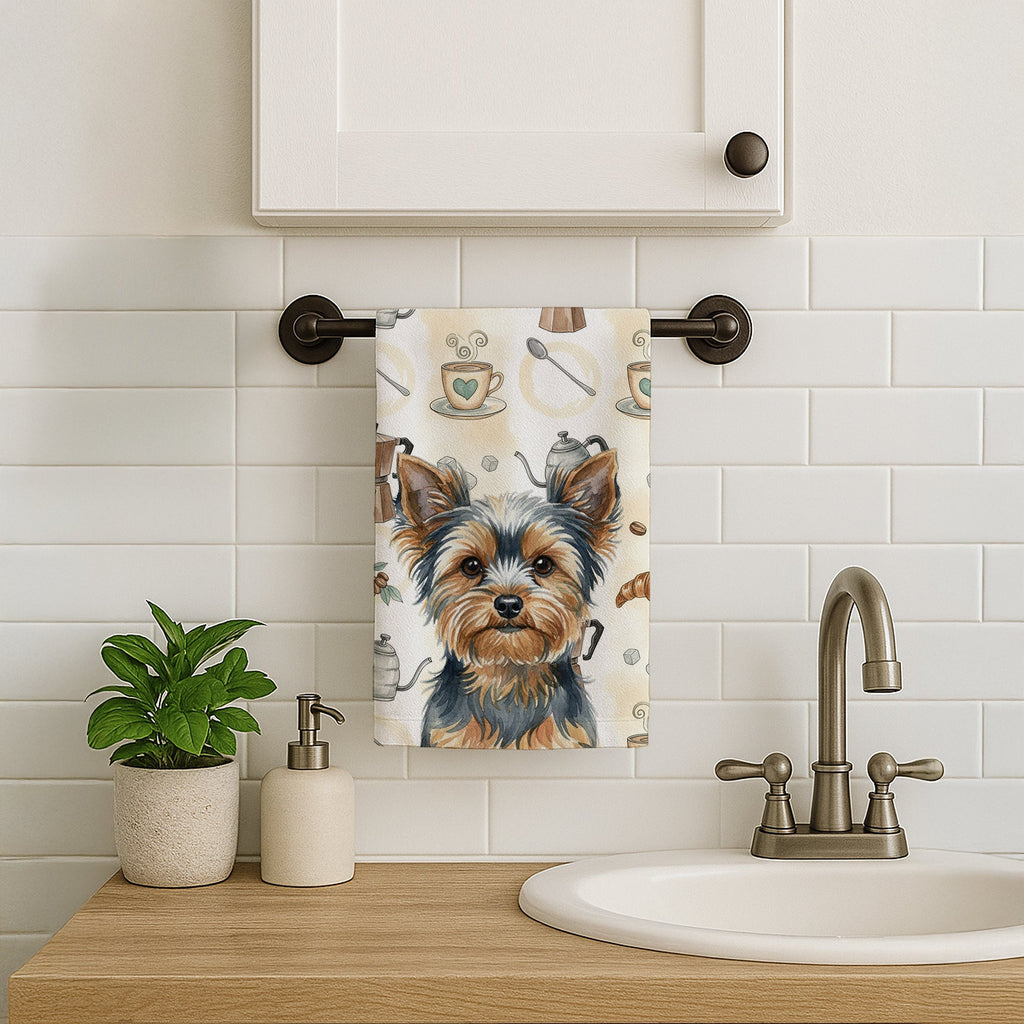 Blue and Tan Yorkshire Terrier Coffee Bar Kitchen Towel Velour Plush Front and Cotton Loop Back Machine Washable