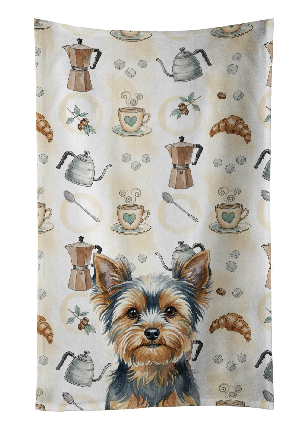 Blue and Tan Yorkshire Terrier Coffee Bar Kitchen Towel Velour Plush Front and Cotton Loop Back Machine Washable