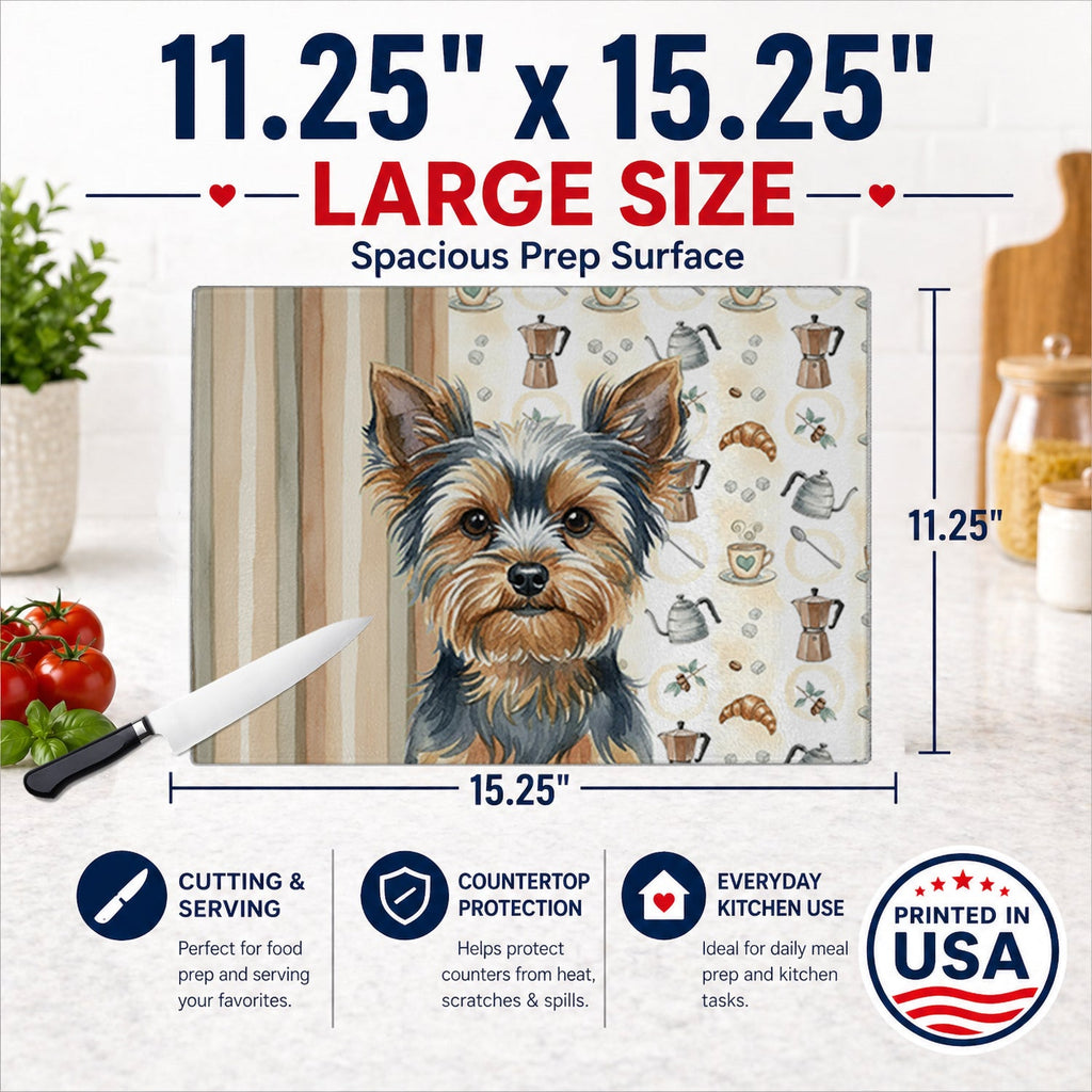 Blue and Tan Yorkshire Terrier Coffee Bar Cutting Board Tempered Glass Kitchen Cutting Surface, Heat Resistant Chopping, Non-Slip Feet, Food Prep & Serving