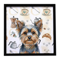 Blue and Tan Yorkshire Terrier Coffee Bar Framed Metal Print Bathroom, Kitchen, Office, Home Decor Wall Art Ready to Hang, Square, 8X8