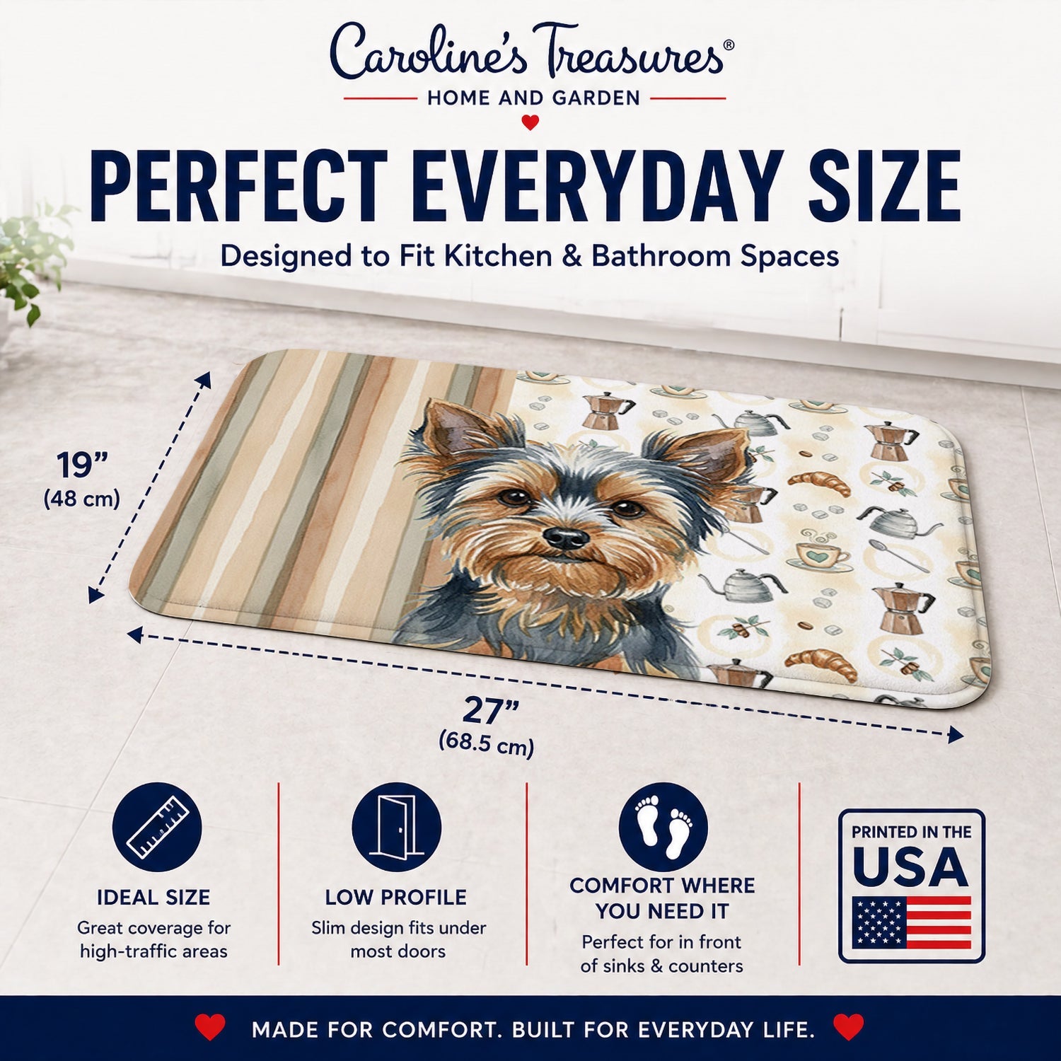 Blue and Tan Yorkshire Terrier Coffee Bar Memory Foam Kitchen Mat Machine Washable Anti-Fatigue Cushion Comfort Bath or Kitchen Rug