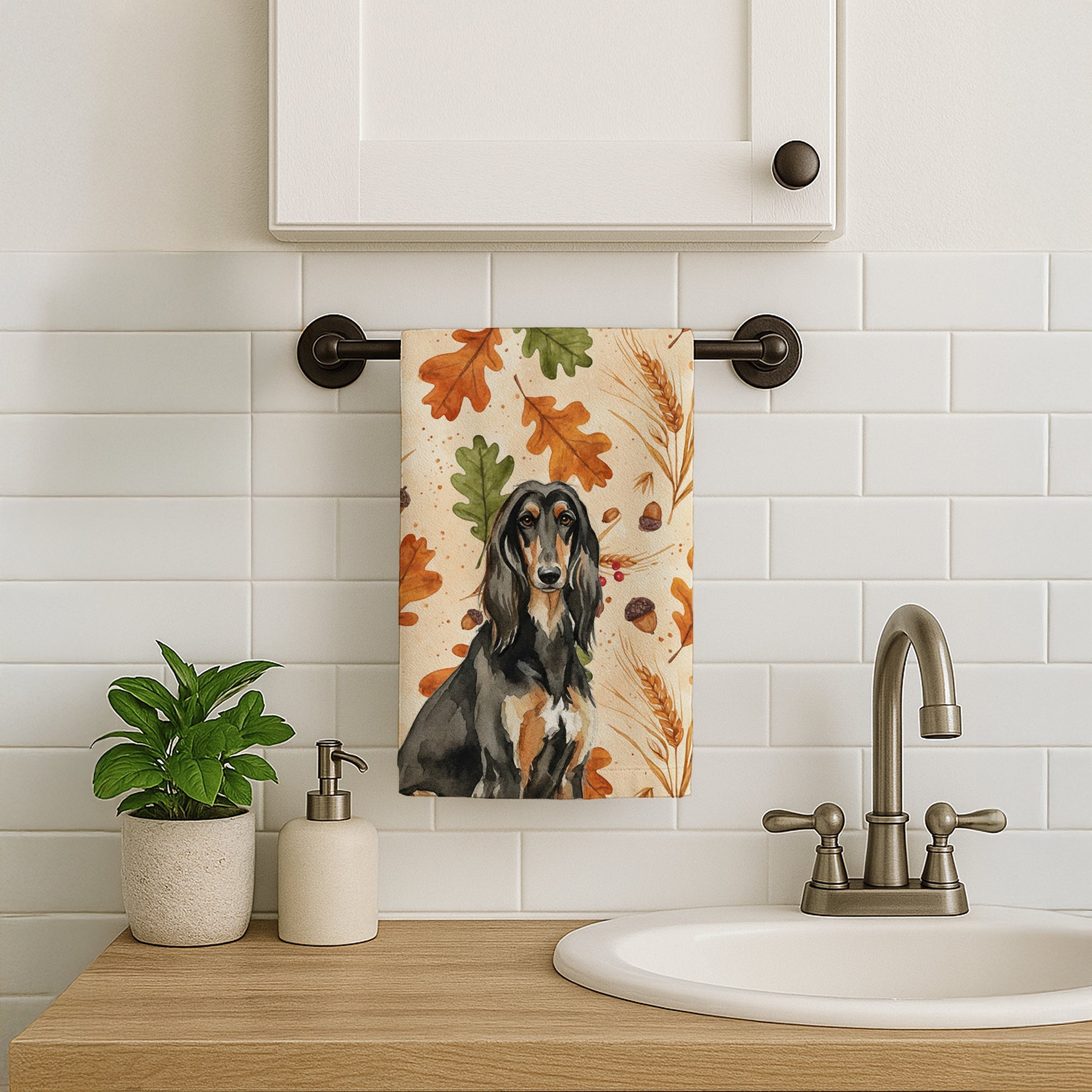 Black & Tan Afghan Hound Heirloom Fall Kitchen Towel Velour Plush Front and Cotton Loop Back Machine Washable