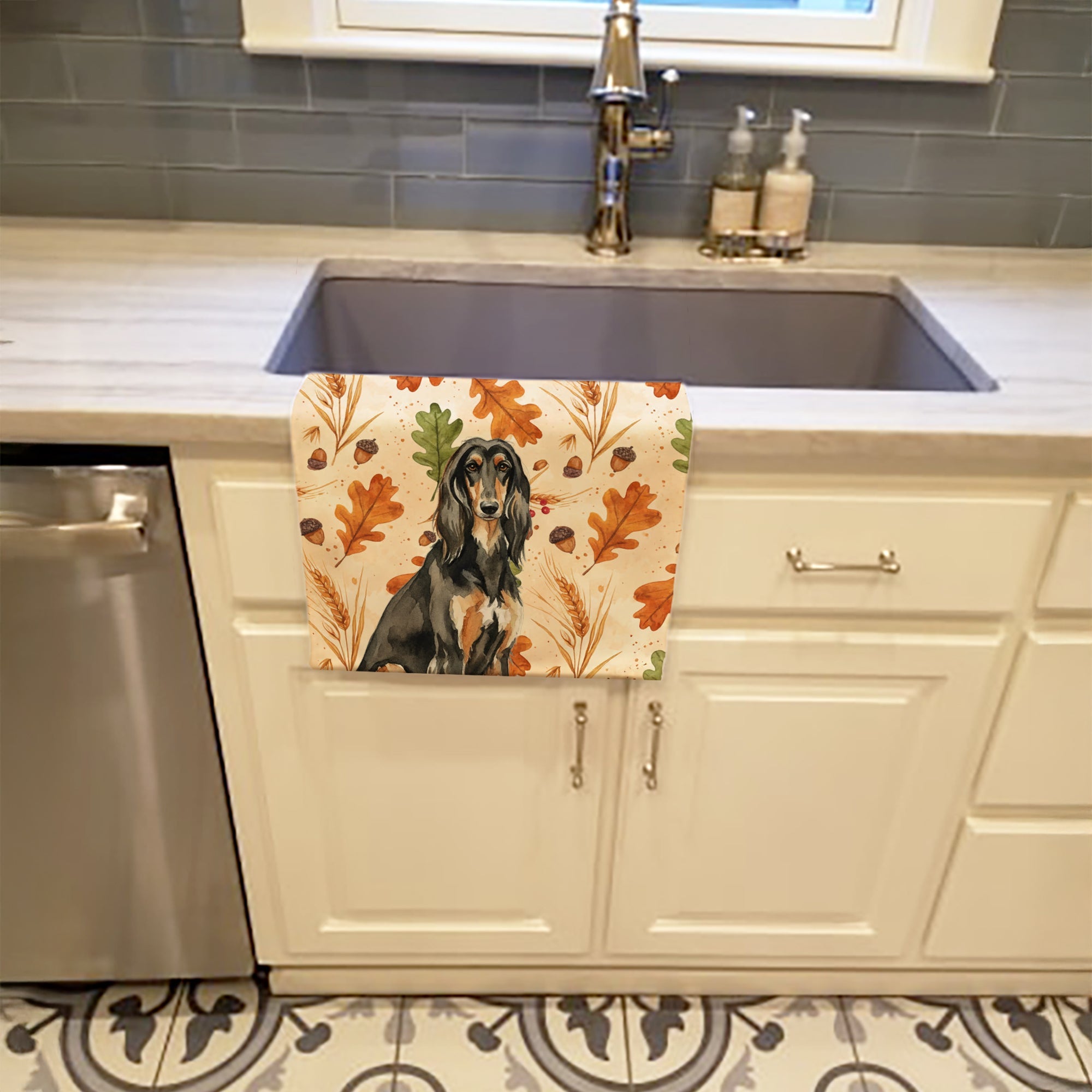 Black & Tan Afghan Hound Heirloom Fall Kitchen Towel Velour Plush Front and Cotton Loop Back Machine Washable