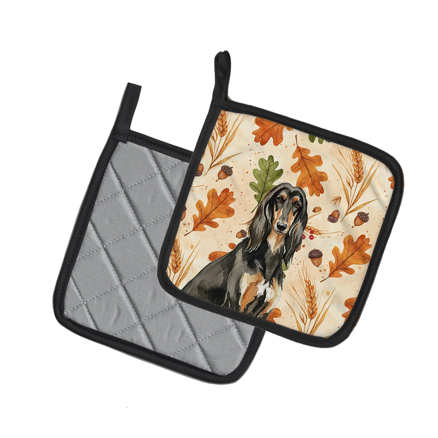 Black & Tan Afghan Hound Heirloom Fall Pot Holder Set of 2 Heat Resistant Quilted Hot Pads 7.5 x 7.5 Inch, Insulated Kitchen Trivets for Cooking & Baking