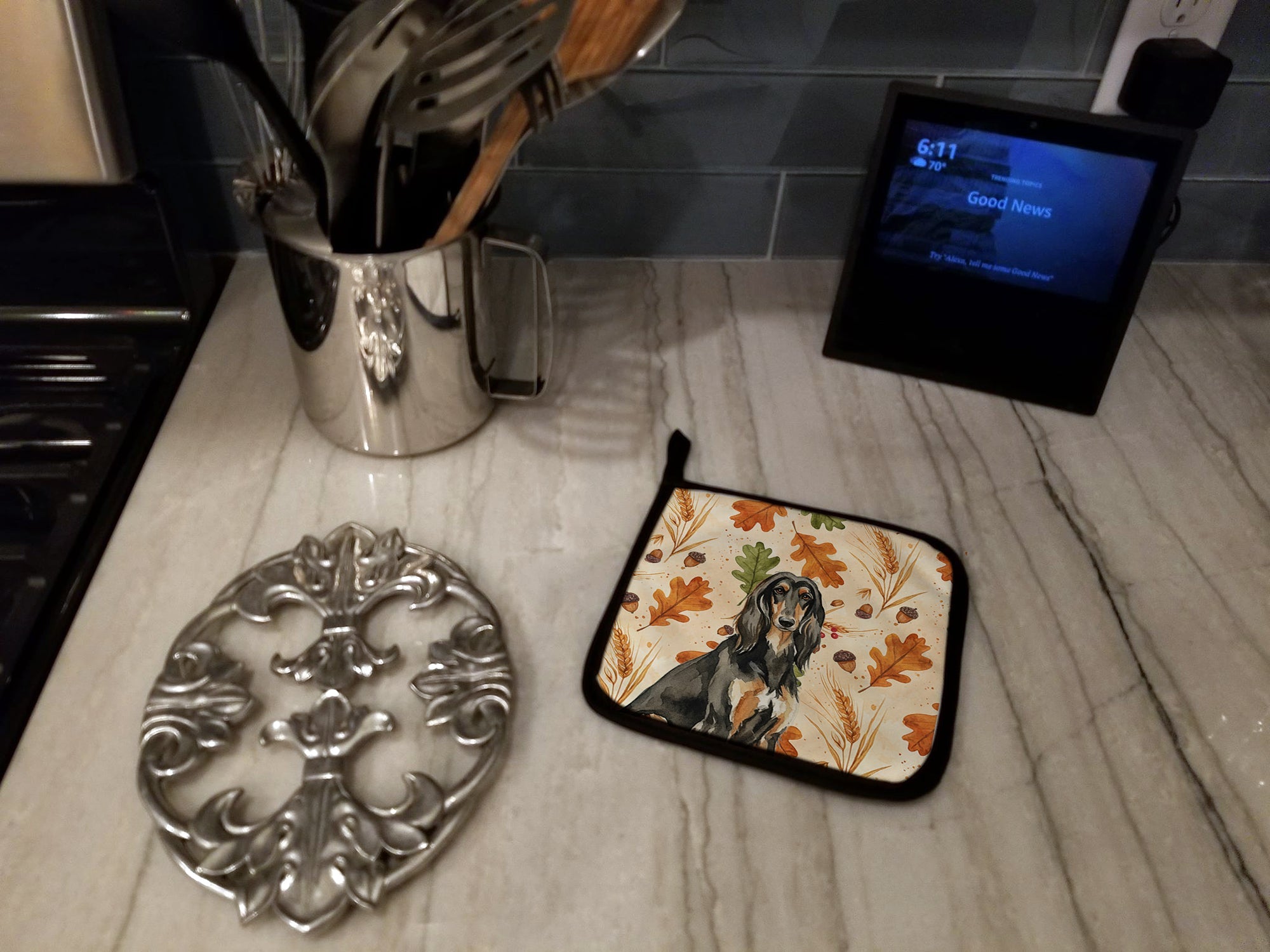 Black & Tan Afghan Hound Heirloom Fall Pot Holder Set of 2 Heat Resistant Quilted Hot Pads 7.5 x 7.5 Inch, Insulated Kitchen Trivets for Cooking & Baking