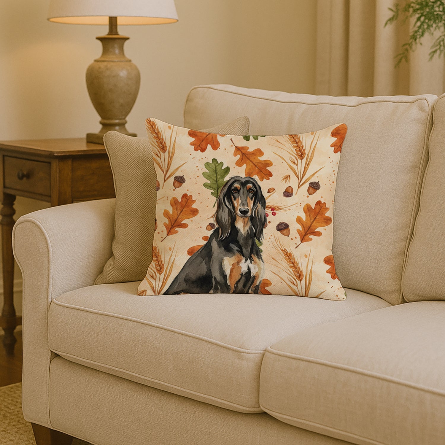 Black & Tan Afghan Hound Heirloom Fall Decorative Throw Pillow 14x14 Indoor Outdoor Accent Cushion, Fabric Cover with Insert for Sofa, Bed, Porch & Living Room
