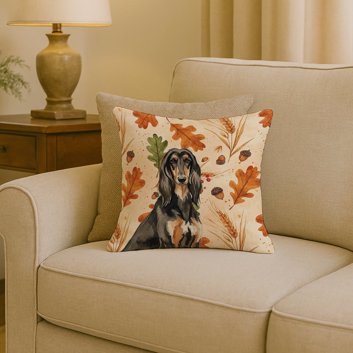 Black & Tan Afghan Hound Heirloom Fall Decorative Throw Pillow 18x18 Indoor Outdoor Accent Cushion, Fabric Cover with Insert for Sofa, Bed, Porch & Living Room