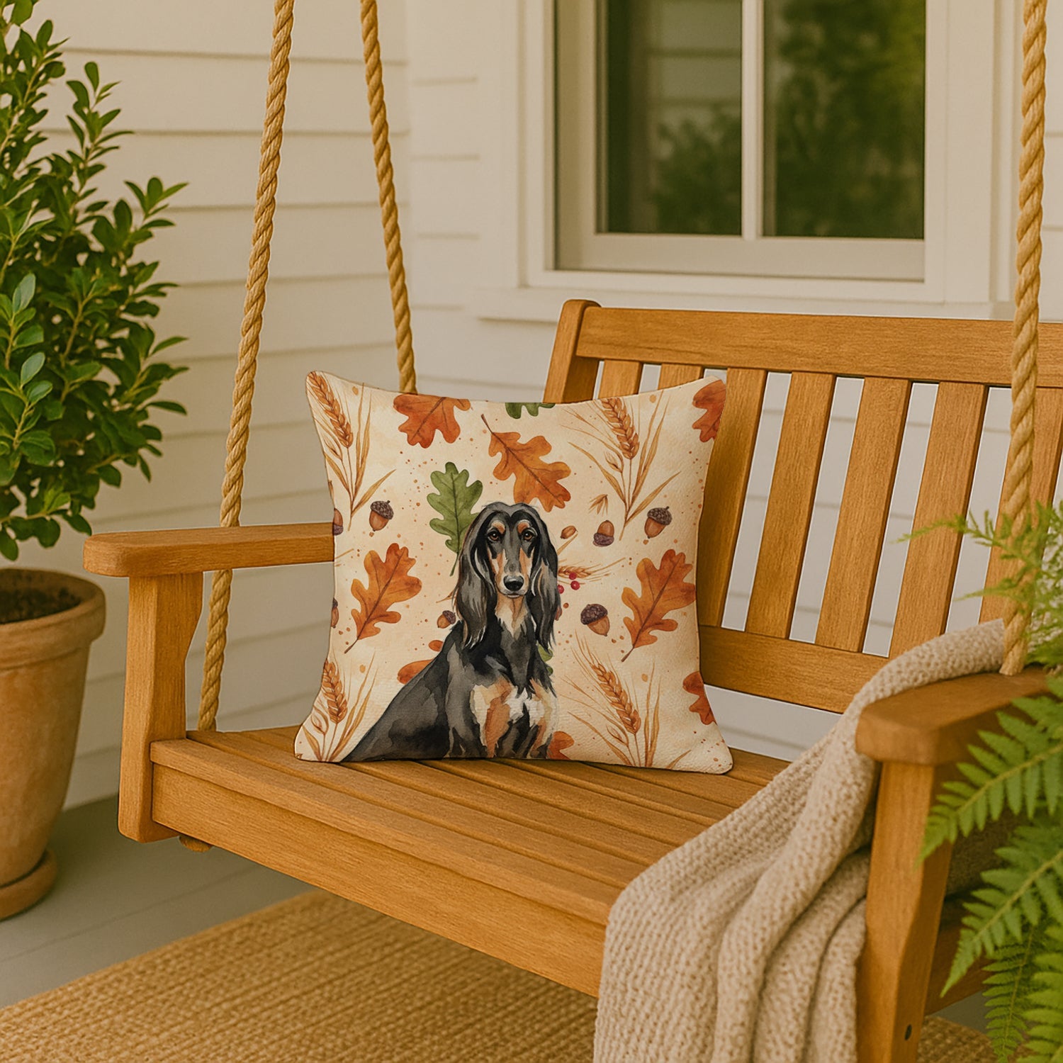 Black & Tan Afghan Hound Heirloom Fall Decorative Throw Pillow 18x18 Indoor Outdoor Accent Cushion, Fabric Cover with Insert for Sofa, Bed, Porch & Living Room