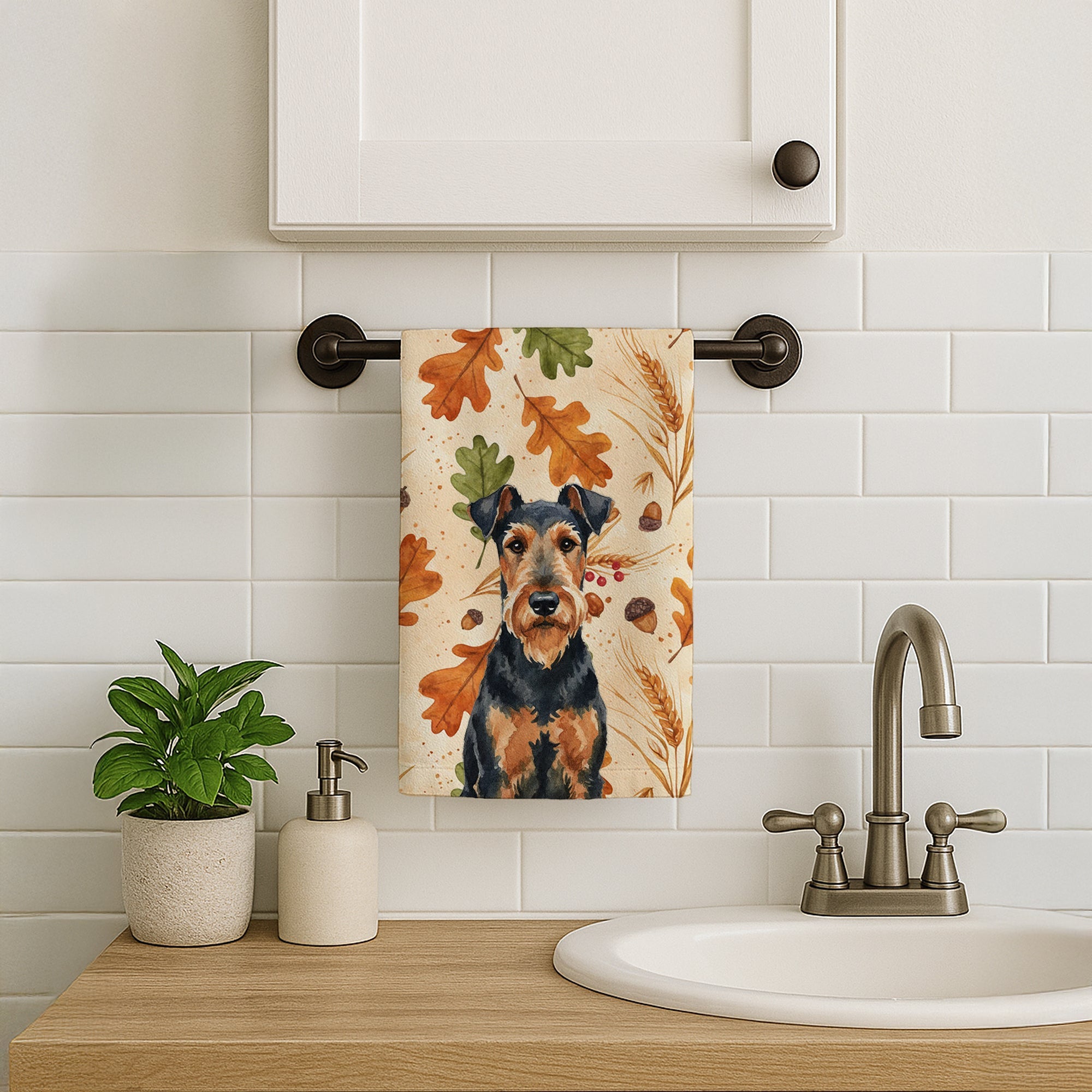 Airedale Terrier Heirloom Fall Kitchen Towel Velour Plush Front and Cotton Loop Back Machine Washable