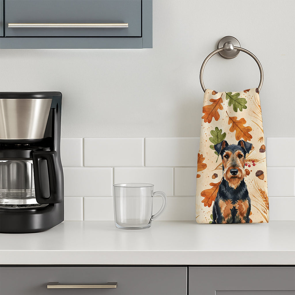 Airedale Terrier Heirloom Fall Kitchen Towel Velour Plush Front and Cotton Loop Back Machine Washable
