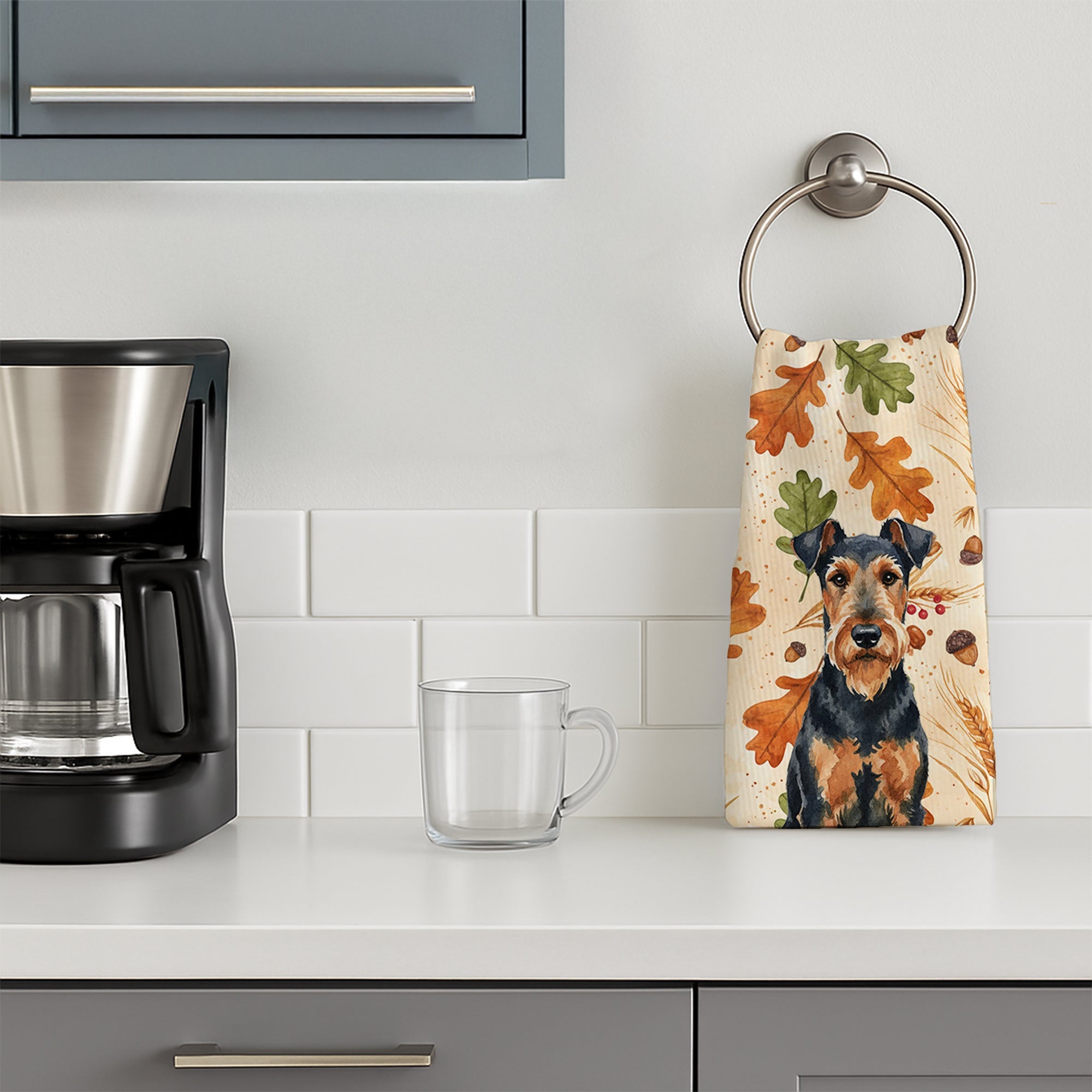 Airedale Terrier Heirloom Fall Kitchen Towel Velour Plush Front and Cotton Loop Back Machine Washable