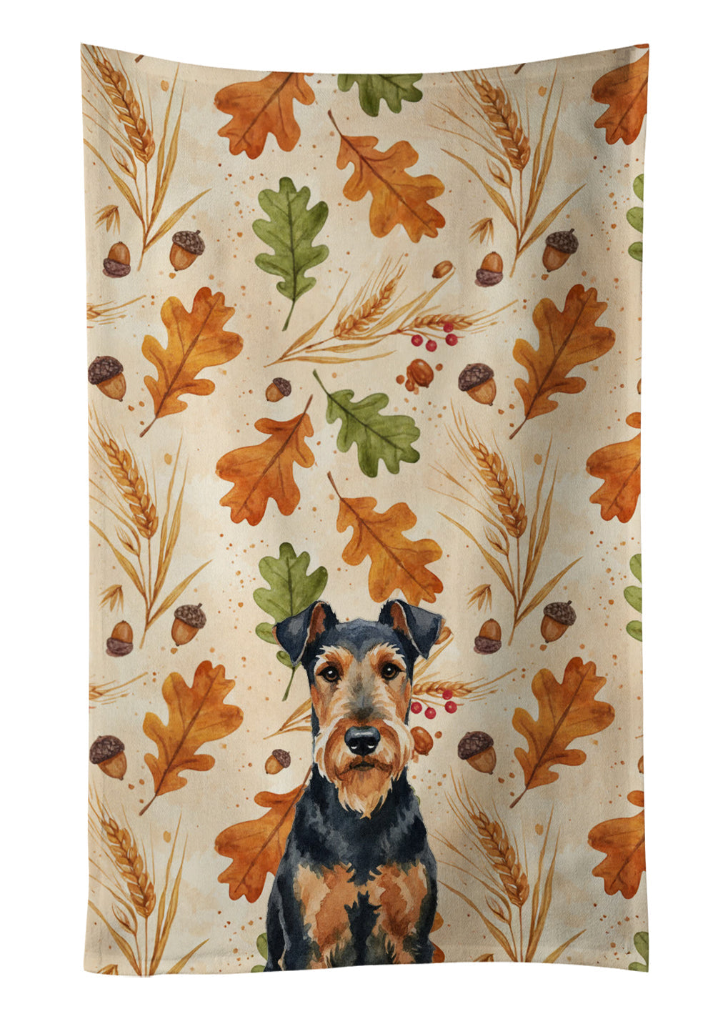 Airedale Terrier Heirloom Fall Kitchen Towel Velour Plush Front and Cotton Loop Back Machine Washable