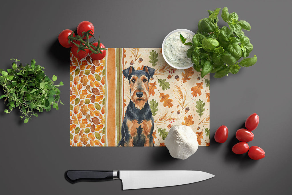 Airedale Terrier Heirloom Fall Cutting Board Tempered Glass Kitchen Cutting Surface, Heat Resistant Chopping, Non-Slip Feet, Food Prep & Serving