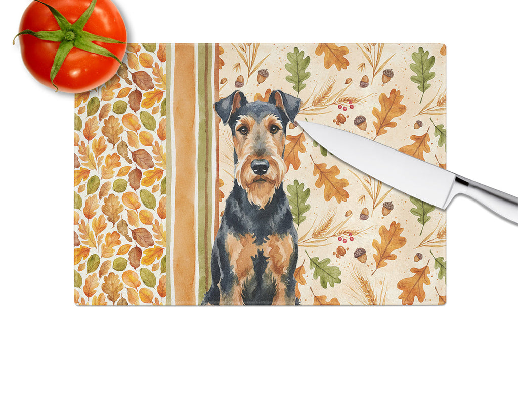 Airedale Terrier Heirloom Fall Cutting Board Tempered Glass Kitchen Cutting Surface, Heat Resistant Chopping, Non-Slip Feet, Food Prep & Serving