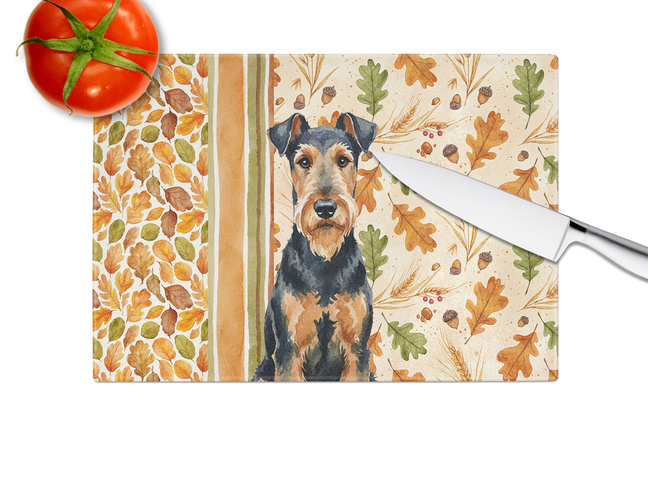 Airedale Terrier Heirloom Fall Cutting Board Tempered Glass Kitchen Cutting Surface, Heat Resistant Chopping, Non-Slip Feet, Food Prep & Serving