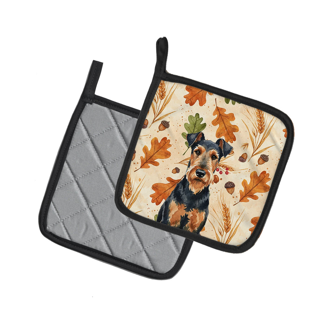 Airedale Terrier Heirloom Fall Pot Holder Set of 2 Heat Resistant Quilted Hot Pads 7.5 x 7.5 Inch, Insulated Kitchen Trivets for Cooking & Baking